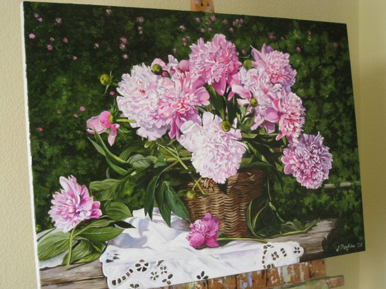 Basket of Pink Peonies