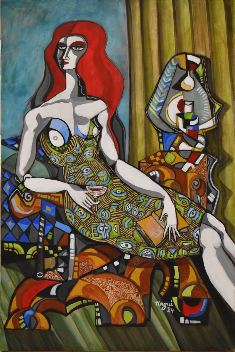 Expressive Portrait Acrylic Painting By Nagui, 24 X 36", Seated Model With Lamp, Original Artwork