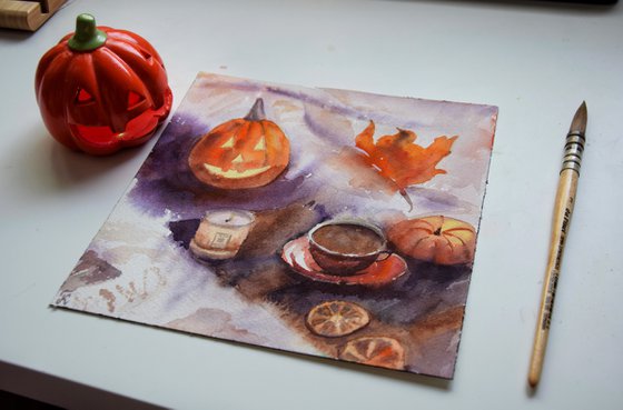 Halloween watercolour painting with pumpkin and coffee, autumn aesthetic wall art