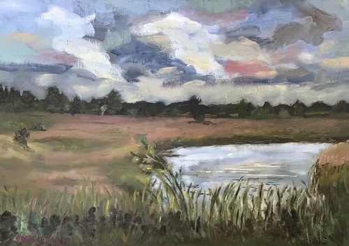 Meadows by the river Stour, oil painting by Julian Lovegrove Art