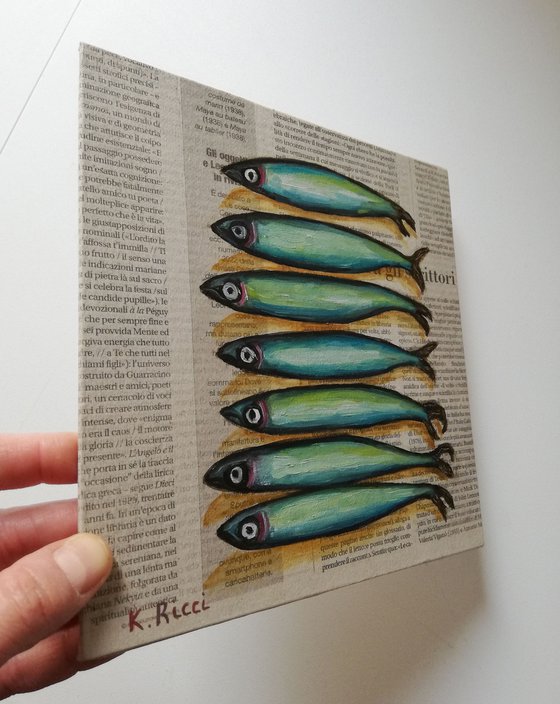 "Anchovies on Newspaper" Original Oil on Canvas Board Painting 8 by 8 inches (20x20 cm)