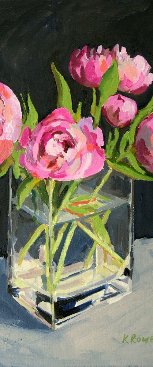 Oil sketch of peonies in square vase by Katharine Rowe