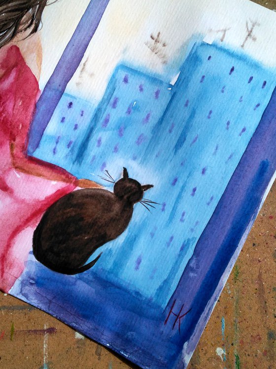 Girl and cat original watercolor painting best friend for isolation "April outside"