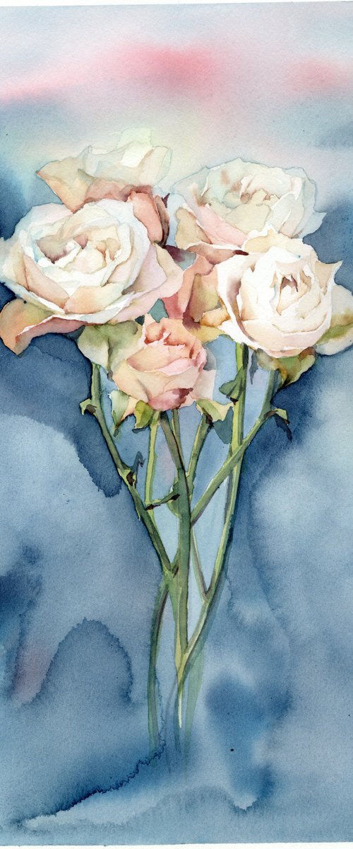 Watercolor roses on blue-green background by Yulia Evsyukova