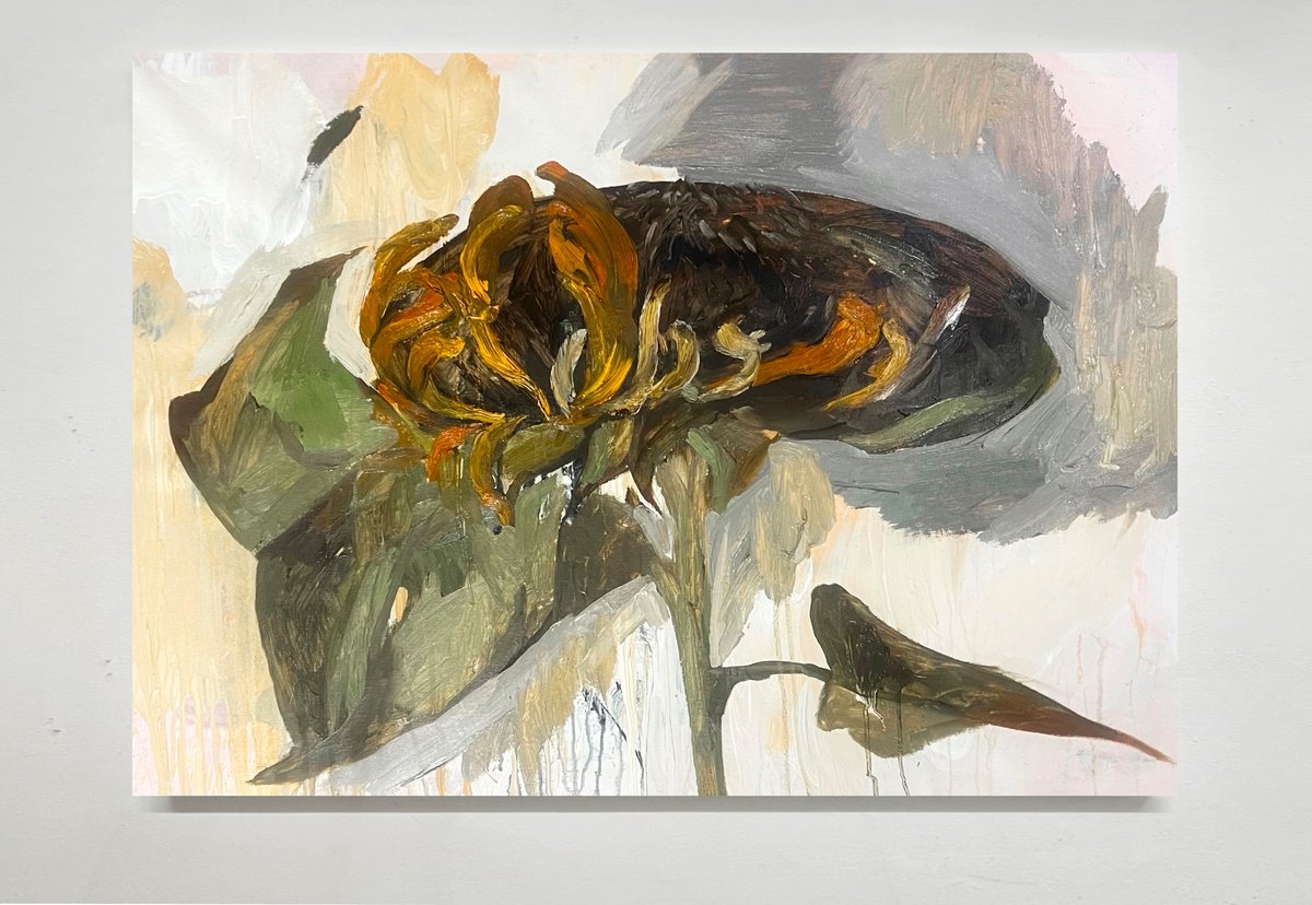 Impressionistic Botanical Oil Painting By Rosi Roys, 39 X 28", Sunflower 13, Original Artwork