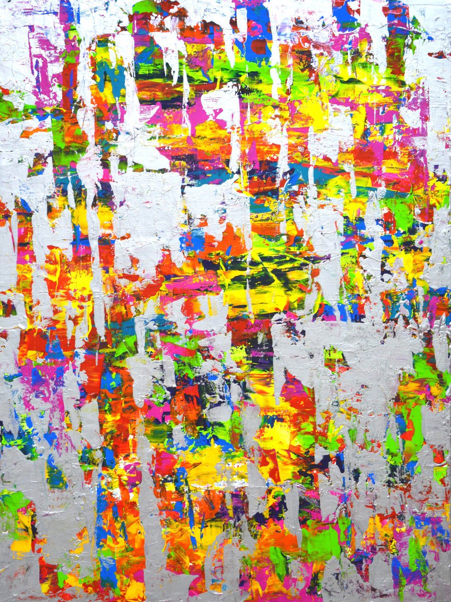 Expressive Abstract Acrylic Painting By Iryna Kastsova, 24 X 31, Expression With Silver 12., Original Artwork