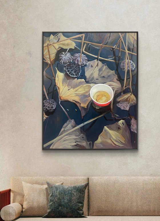 Instant noodles cup. Lotus pond.