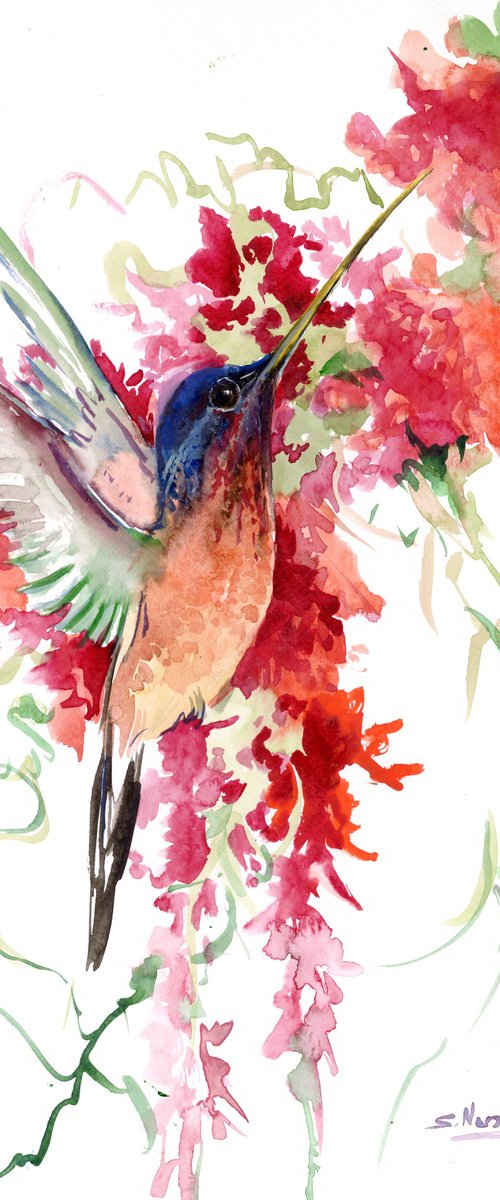 Hummingbird and Red Flowers by Suren Nersisyan