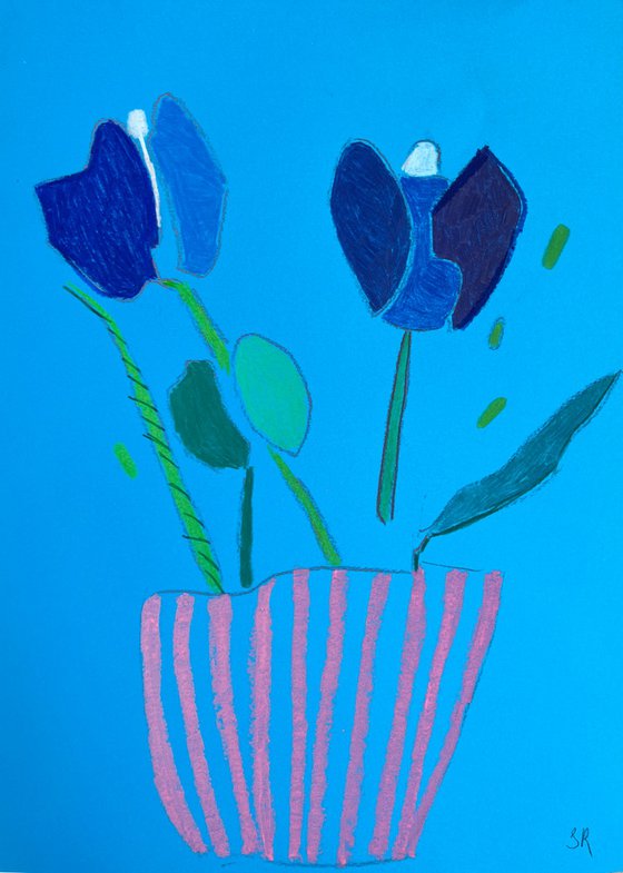Blue Tulips in Pink Vase