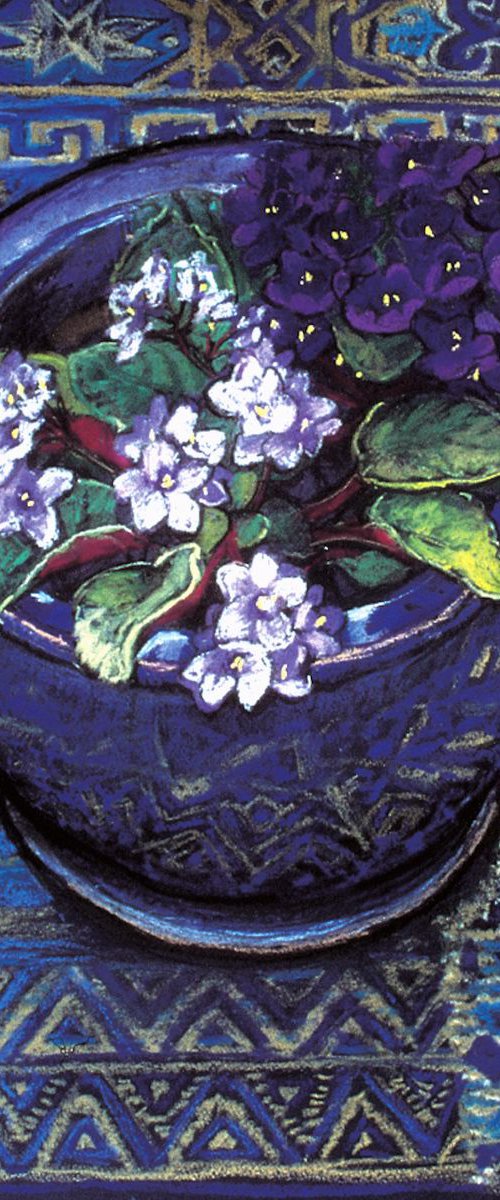 African violet flowers still life on blue patterned cloth by Patricia Clements