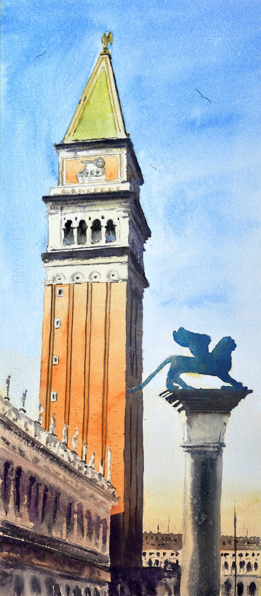 Peak of St Marks Bell Tower, Venice, Italy 23x54cm medium by Nenad Koji? watercolorist