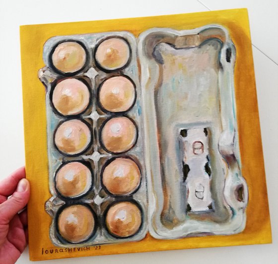 "Eggs in a Carton" Original Oil on Canvas Board Painting 12 by 12 inches (30x30 cm)