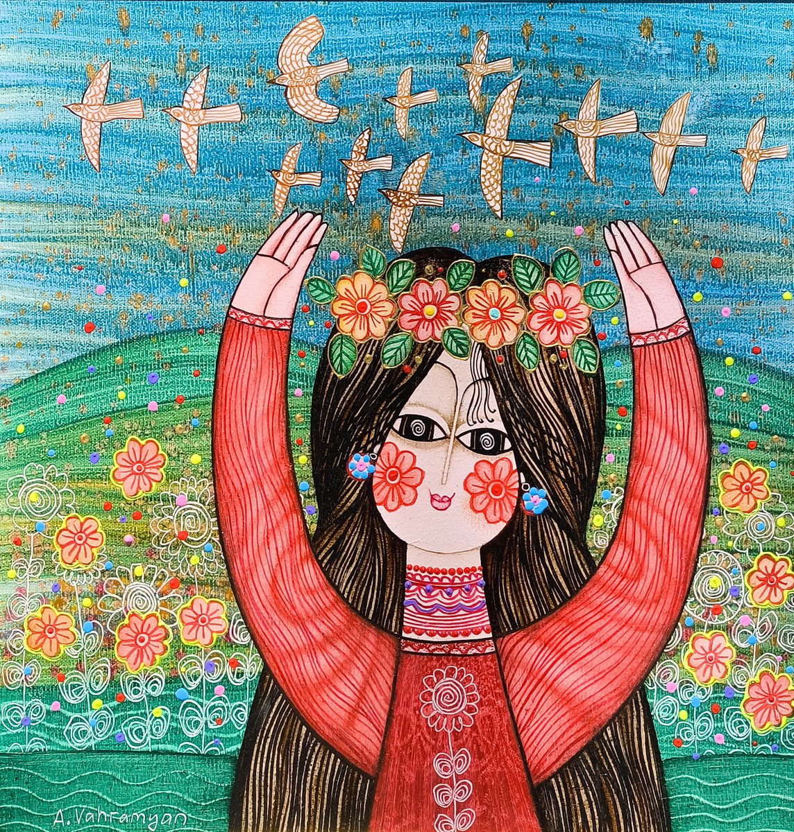 Naive Portrait Oil Painting By Armen Vahramyan, 16 X 16, Spring Messenger, Original Artwork