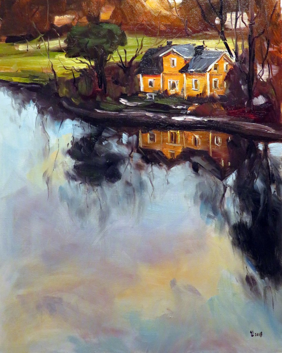 Impressionistic Landscape Oil Painting By Yuanyuan Liu, 26 X 32", The Yellow House, Original Artwork