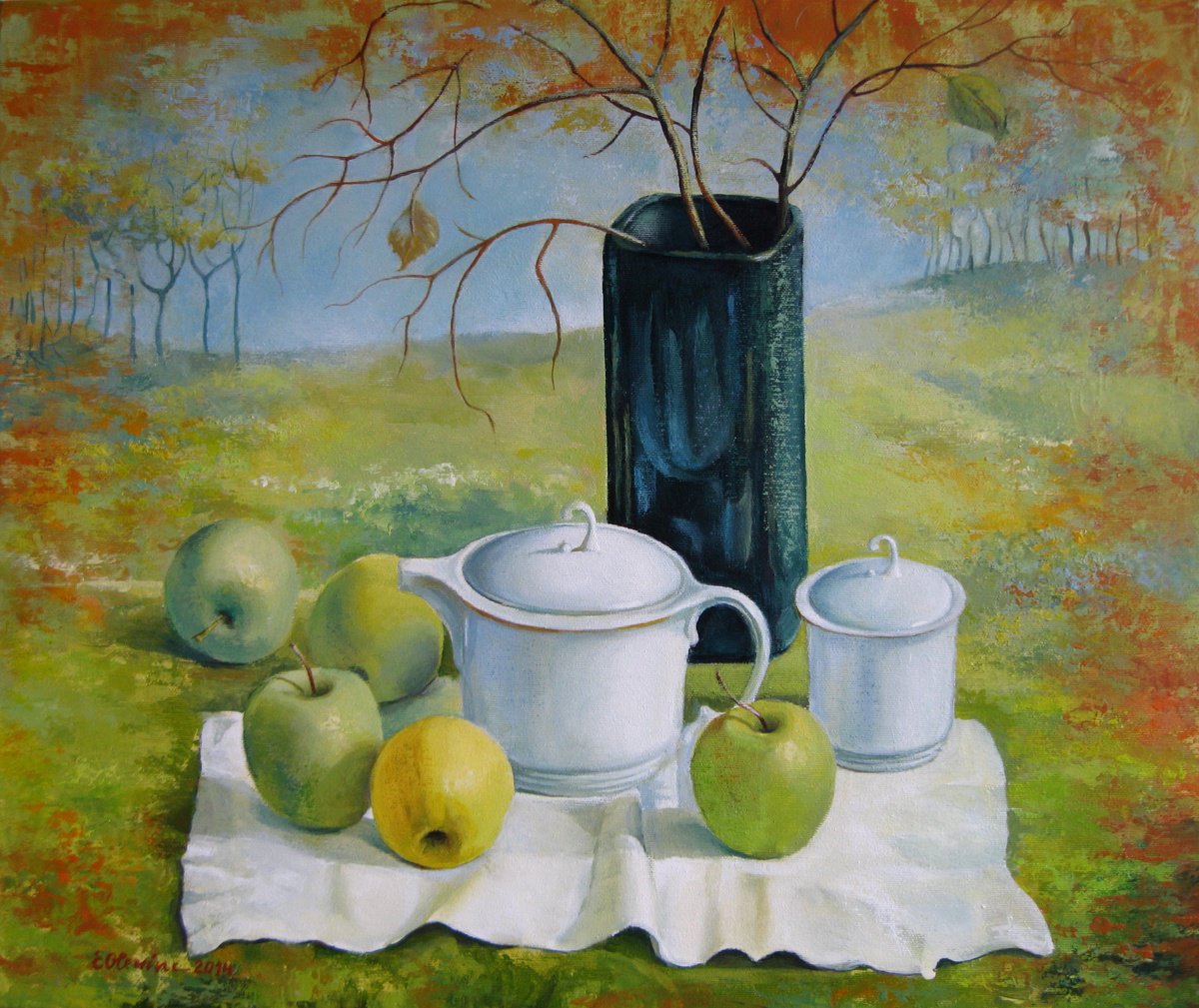Photorealistic Still Life Acrylic Painting By Elena Oleniuc, 24 X 20, Green Apples, Original Artwork