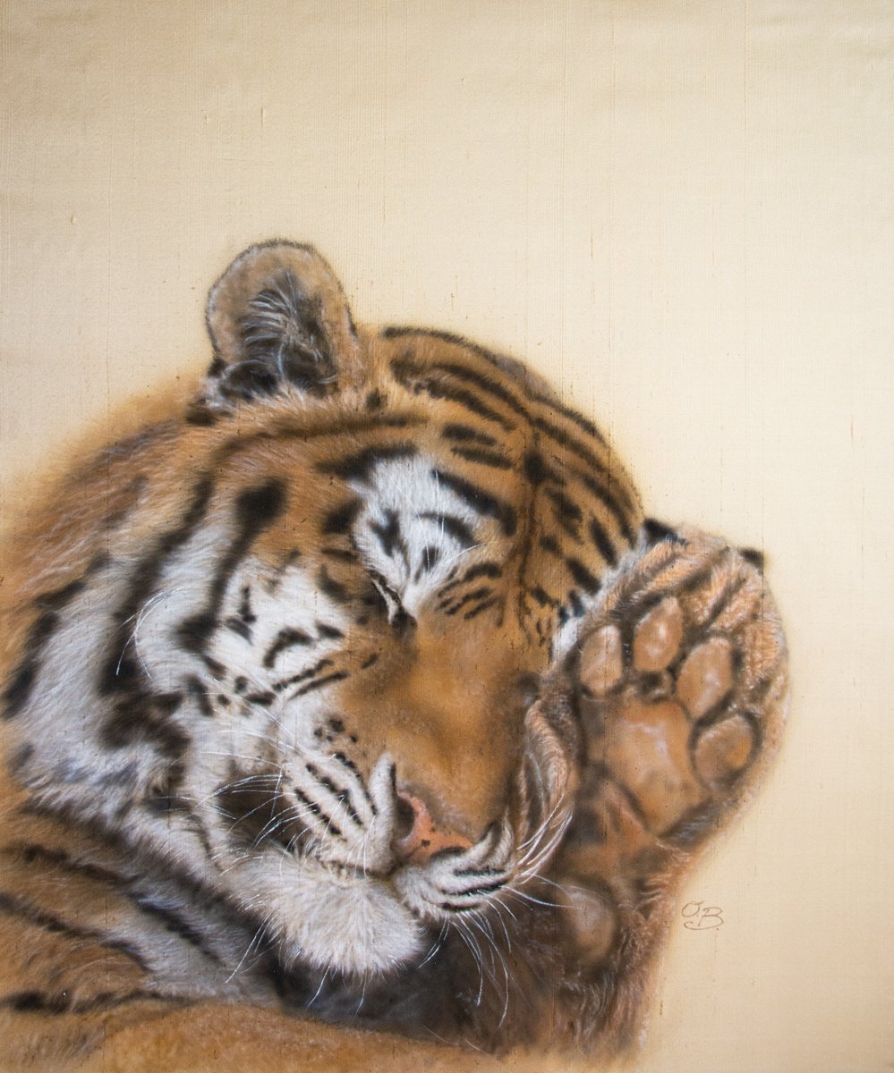 Dreamy Tiger II - Silk Painting, wildlife art, contemporary art, big cat painting, nature by Olga Belova