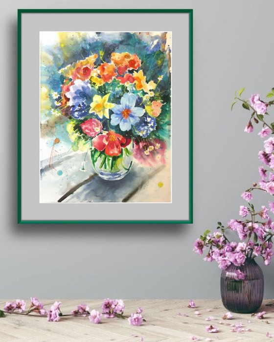 Motley Flowers Watercolor Painting Loose Bundle of Yellow Blue and Red Flowers