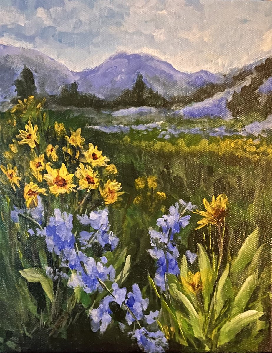 Impressionistic Landscape Acrylic Painting By Carolyn Shoemaker (Soma), 11 X 14, Blue Flowers On Mountain Side, Artfinder