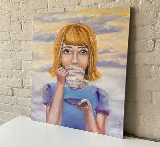 "The sun in a cup". Portret. girl original oil painting. Surrealistic
