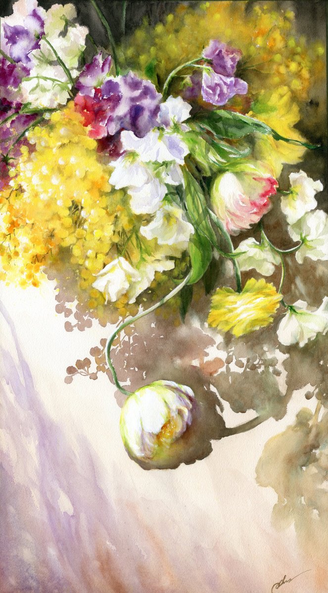 Impressionistic Still Life Watercolour By Cecilia Xiao, 18 X 31, Glowing, Original Artwork
