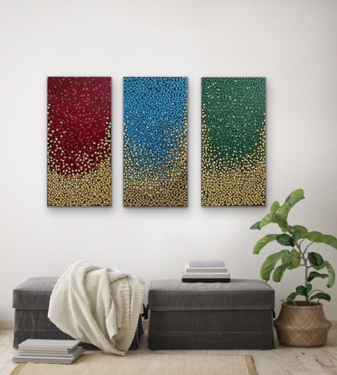 Organic Abstract Acrylic Painting By Carol Zsolt, 54 X 36, Earth, Wind And Fire Triptych, Original Artwork