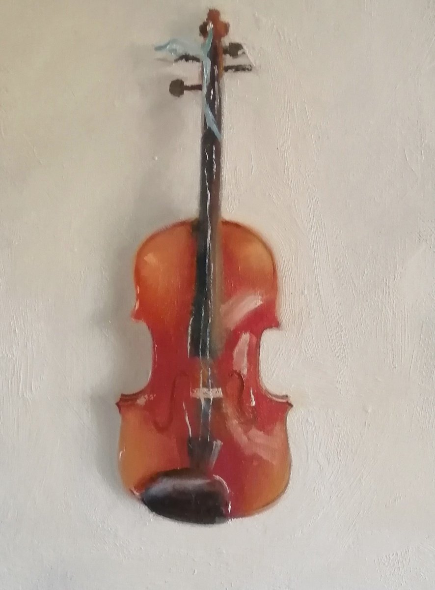 Still Life Oil Painting By Rosemary Burn, 12 X 16", Hanging Violin, Original Artwork