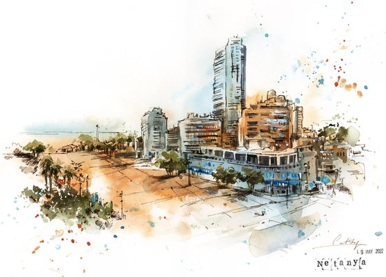 Netanya Israel City - Architecture Mixed Media Painting