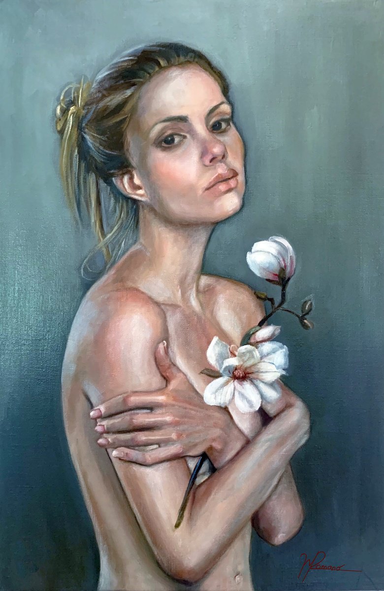 Expressive Portrait Oil Painting By Maria Romano, 16 X 24", Title: Flowers On The Skin, Original Artwork