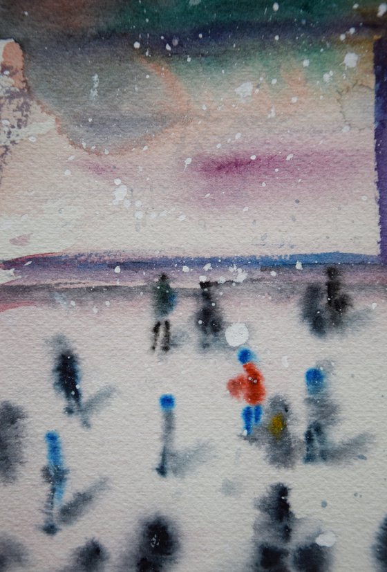 Winter New York watercolor painting, New Year Rockefeller Center, original abstract cityscape, snowy Manhattan