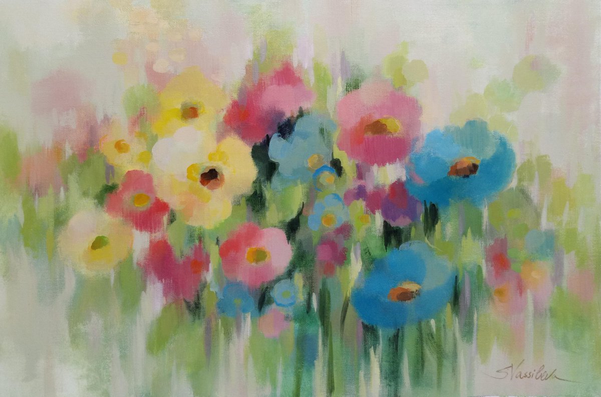 Expressive Botanical Acrylic Painting By Silvia Vassileva, 36 X 24", First Spring Flowers, Original Artwork