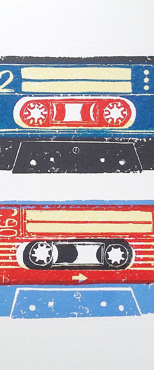 Linocut tapes duo #5 (cassette tapes, retro music, 70's, 80's rock culture) by Carolynne Coulson
