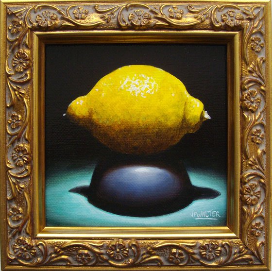 Lemon on piedestal, still life in chiaroscuro framed, 10x10 cm