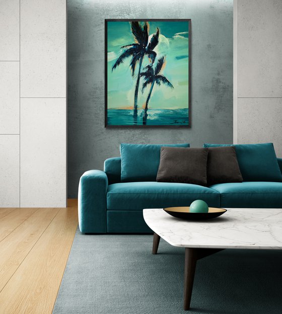 Expressionist painting - "Green day" - Pop Art - palms and sea - night seascape - 2022