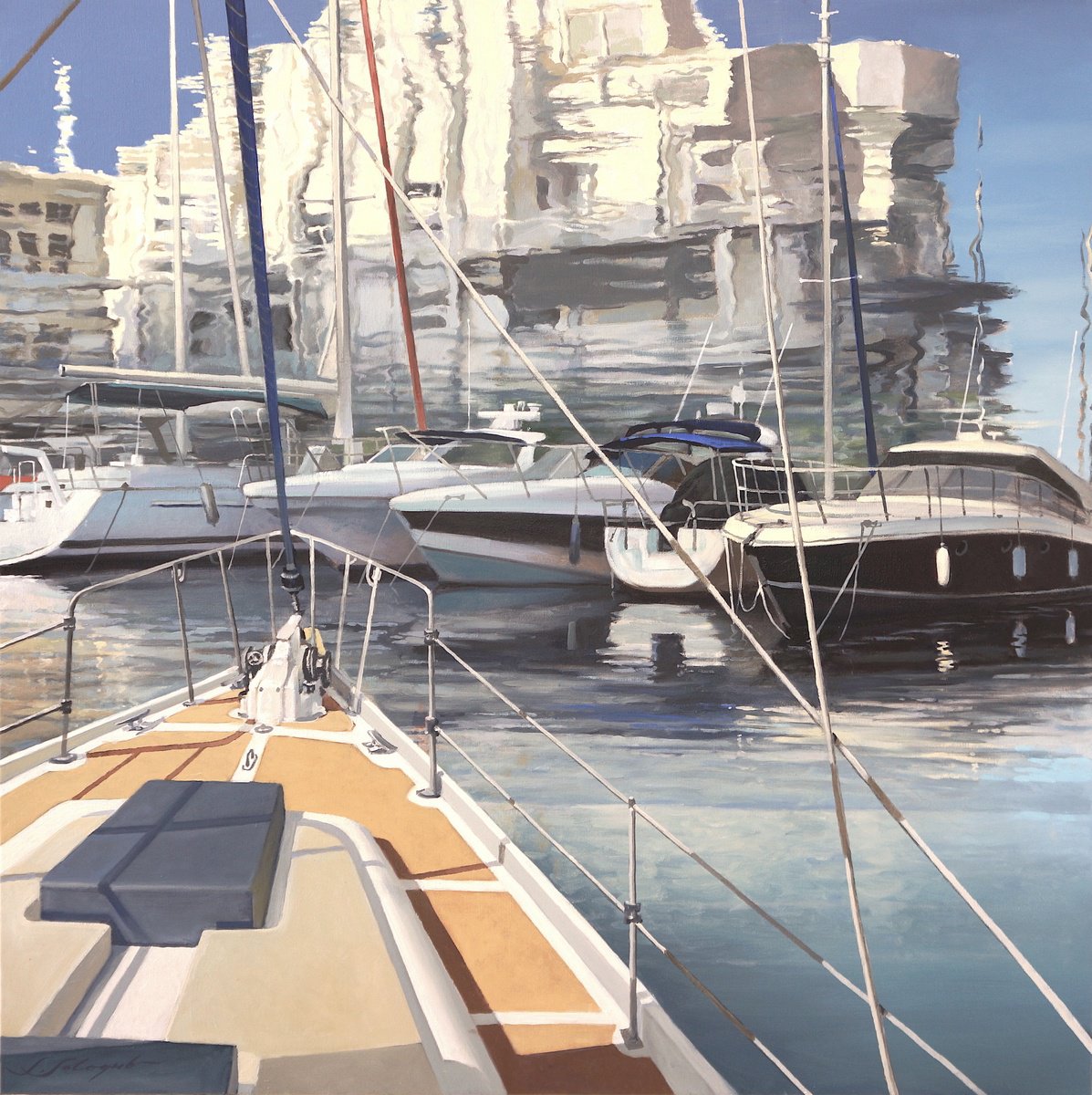 Surrealistic Landscape Oil Painting By Sergej Sologub, 39 X 39", Pier, Original Artwork