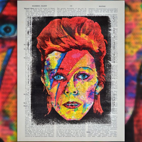 David Bowie - Ziggy Stardust - Collage Art on Large Real English Dictionary Vintage Book Page