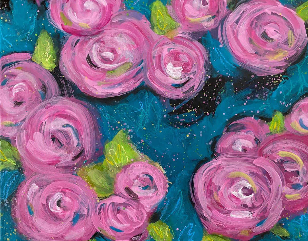 Impressionistic Botanical Acrylic Painting By Kate Marion Lapierre, 14 X 11", Evening Pinks, Original Artwork