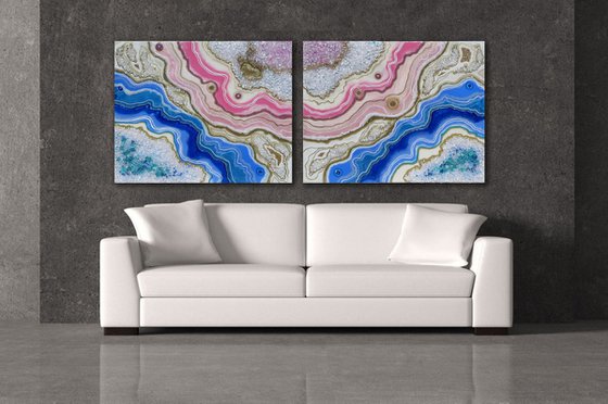 Pink Blue Agate XXL 80 x 200 cm. Diptych Geode Art, wall art, Resin art, Resin painting, Modern art