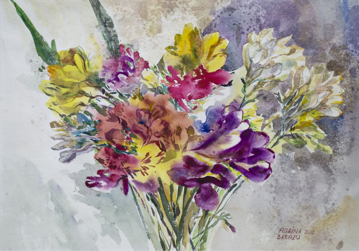 Impressionistic Botanical Watercolour By Florina Breazu, 22 X 17, Freesias Ii, Original Artwork