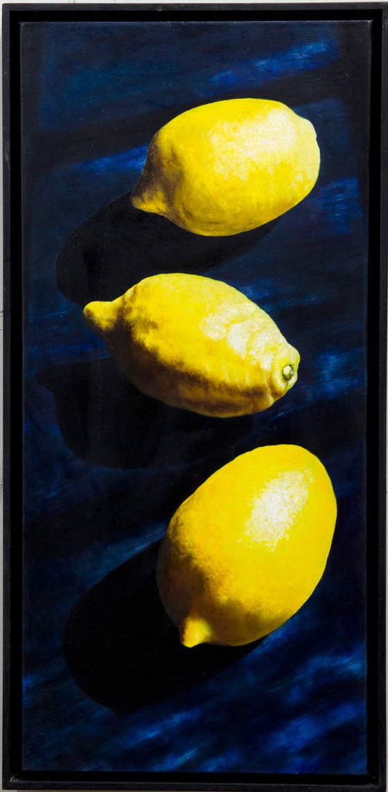 Three Lemons on Dark Blue Silk
