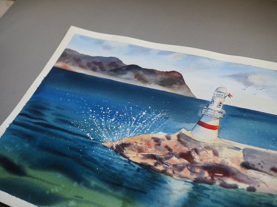 Lighthouse and Greek island view - original watercolor