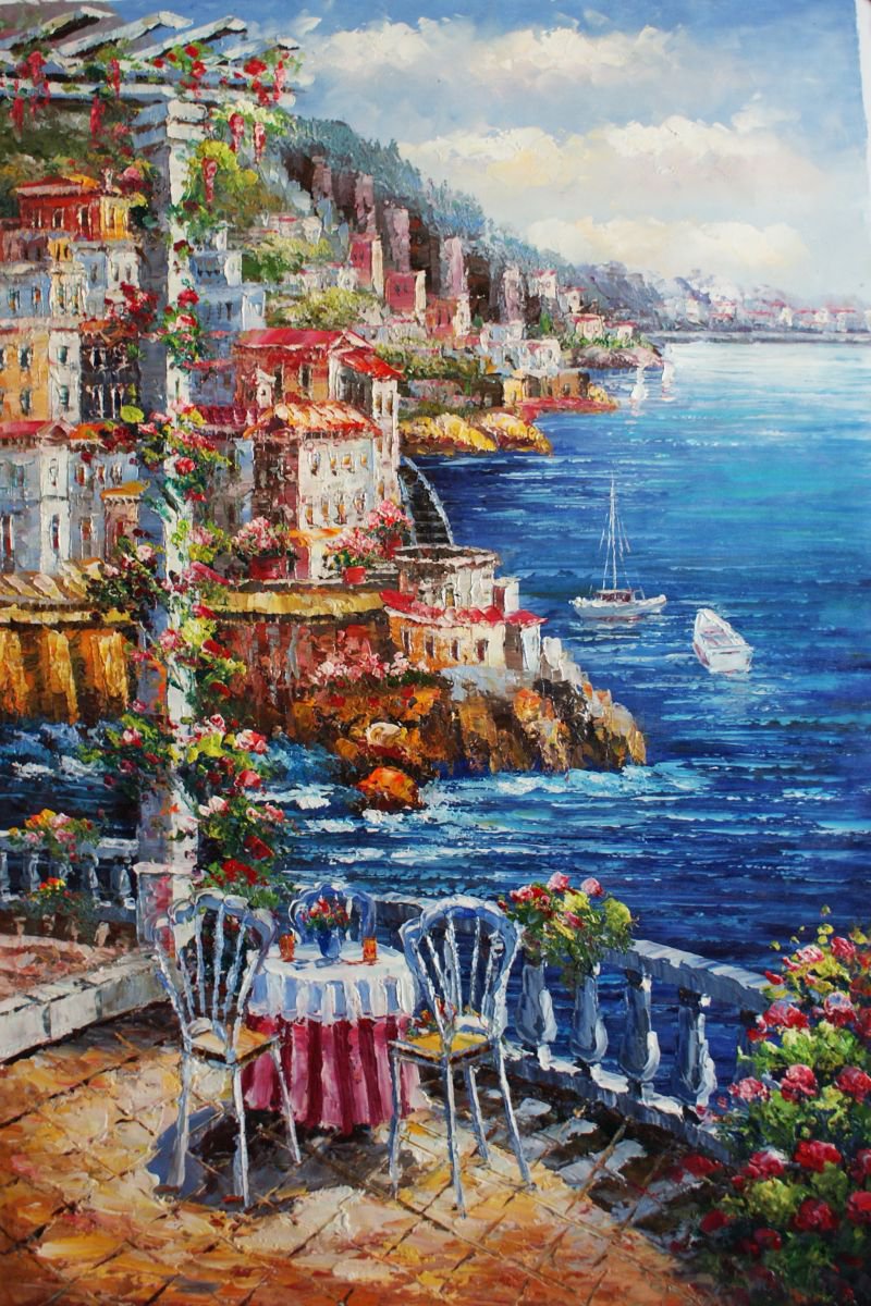 Breakfast by the sea. Canvas/Oil. Size 60x90 cm by Thomas Wu
