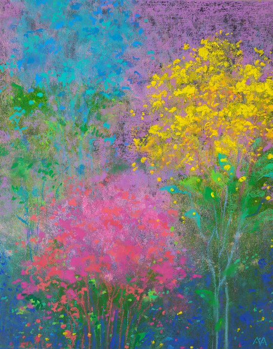 Abstract flowers Pink, yellow and blue