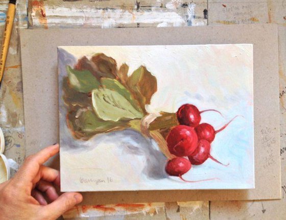 Bunch of Red Radishes Still Life Oil Painting on Canvas Board