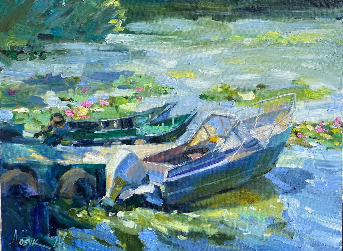 Fishing boat 69x80 cm| oil painting on canvas flowers by Nataliia Nosyk
