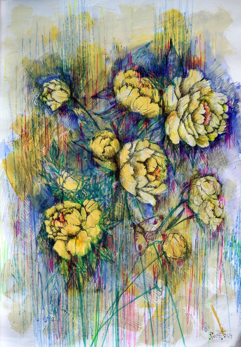 Impressionistic Botanical Acrylic Painting By Rakhmet Redzhepov, 17 X 23", Fantasy With Flowers 225, Original Artwork