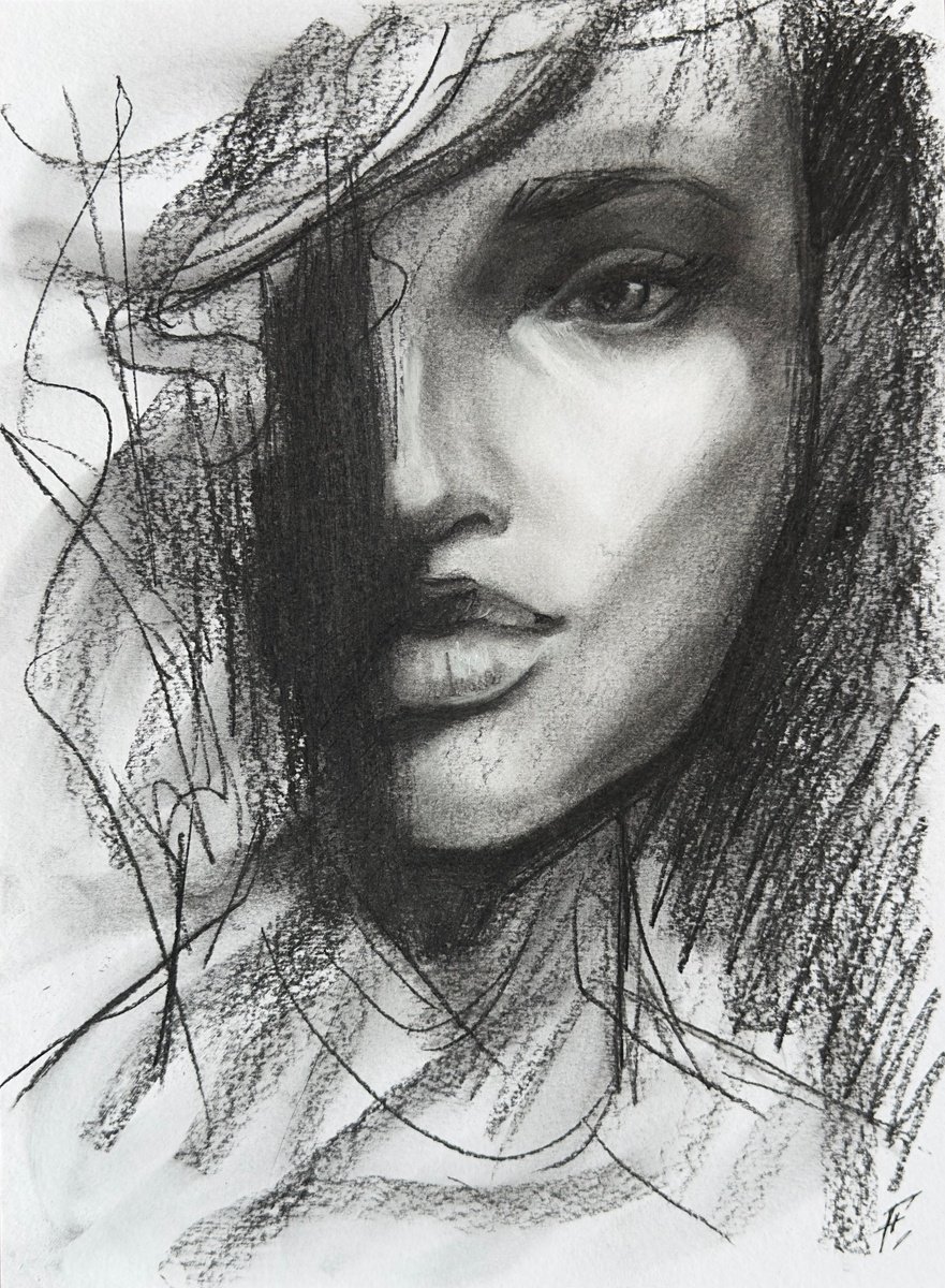 Portrait Charcoal Drawing By Nikola Gulev, 12 X 17", "Longing", Original Artwork