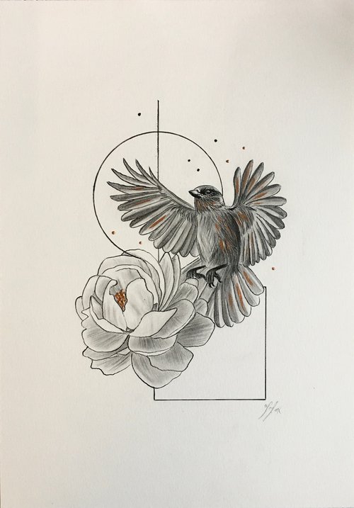 Bird and peony by Amelia Taylor