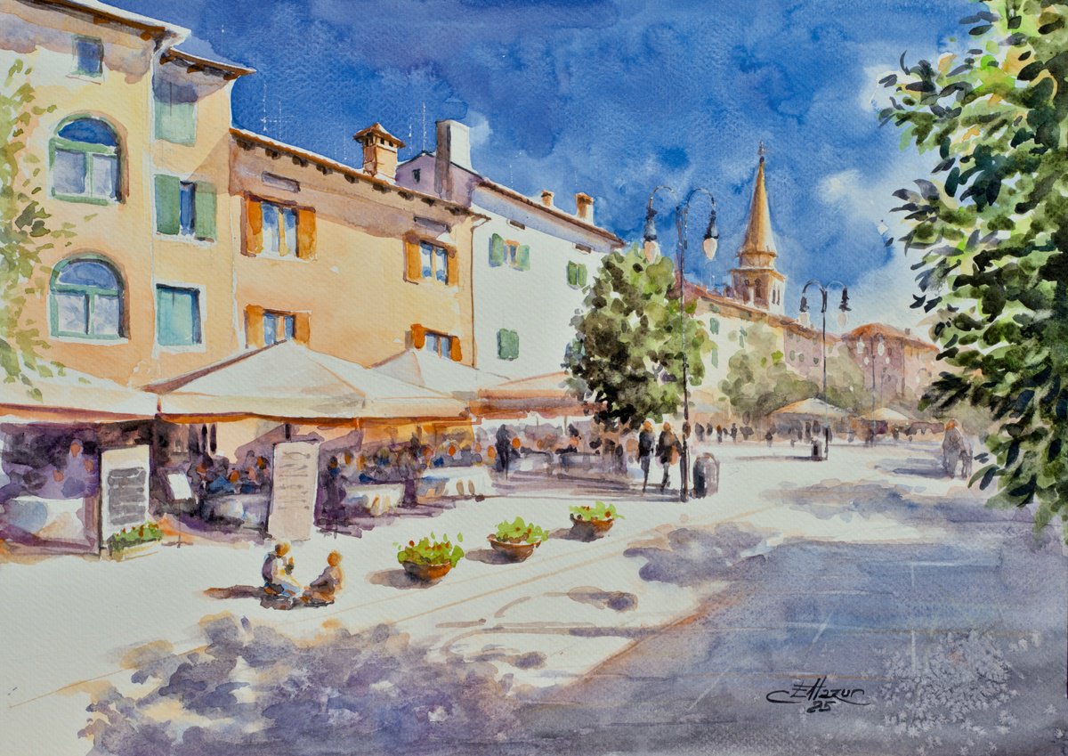 Impressionistic Cityscapes Watercolour By Eve Mazur, 17 X 12, Sunny Grado, Italy., Original Artwork