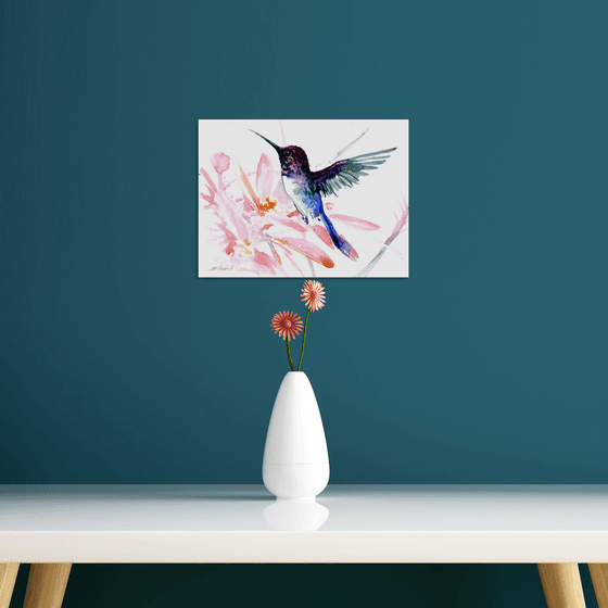 Flying Hummingbird and Flowers