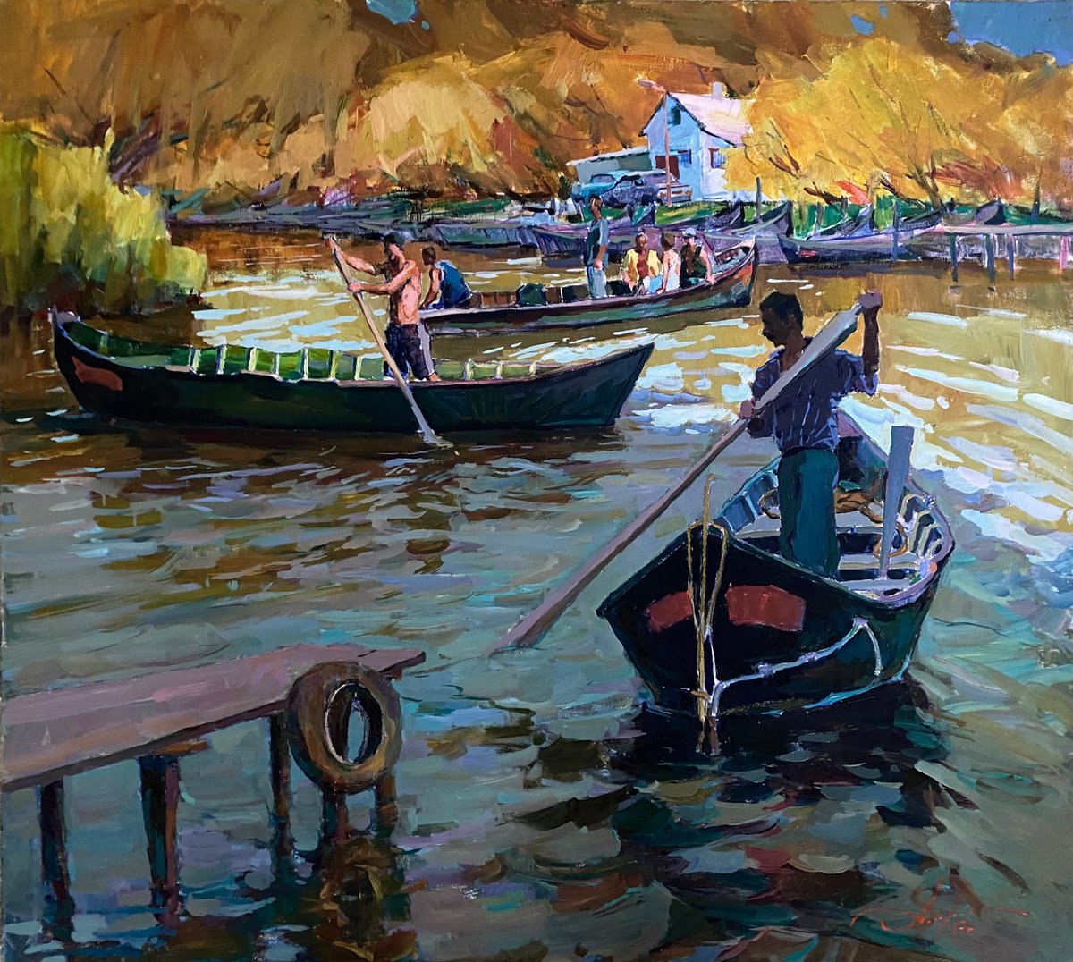 Impressionistic Landscape Oil Painting By Oleksii Chebotaru, 39 X 35", Fishermen In Vylkove, Original Artwork